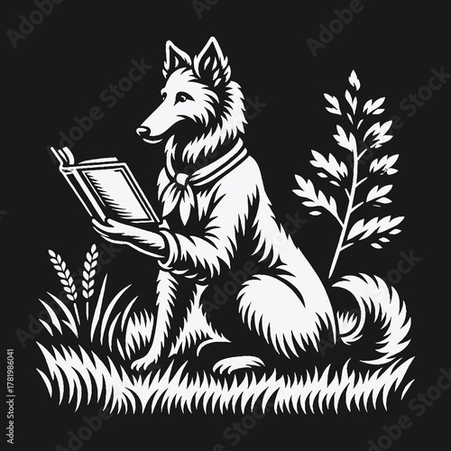 Stylized anthropomorphic dog reading a book in nature.