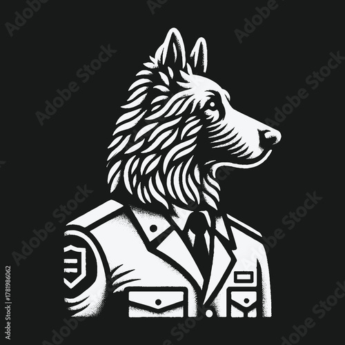 Monochrome graphic illustration of an anthropomorphic wolf in a military uniform.