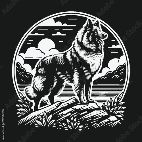 Majestic Belgian Tervuren shepherd dog in a black and white landscape illustration.
