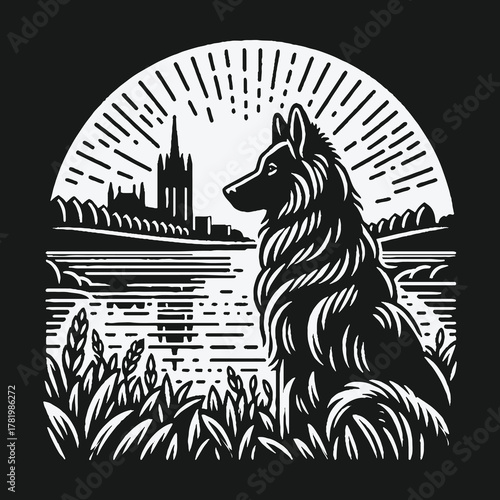 Monochrome wolf illustration overlooking a tranquil lake and castle.