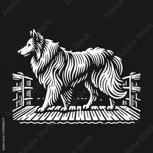 Black and white woodcut illustration of a Collie dog on a wooden bridge.