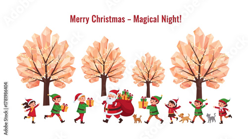 Magical Christmas Eve: In a whimsical Christmas scene, a cheerful figure, accompanied by elves, traverses a snowy landscape, each element contributing to the enchanting holiday ambiance.