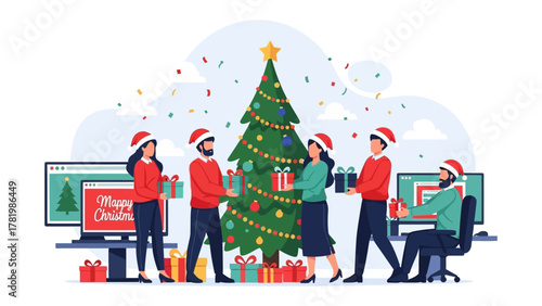 Holiday Cheer in the Office: A festive gathering of employees exchanging gifts and decorating a Christmas tree, creating a joyful atmosphere during the holiday season.