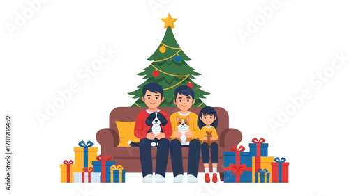 Holiday cheer: Family members sit in front of Christmas tree, sharing the joy of gift-giving and creating lasting memories. capturing the warmth and the true spirit of togetherness.