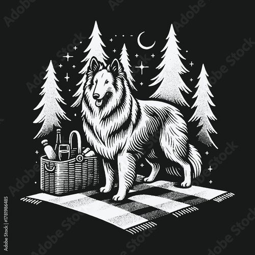 Belgian Tervuren Dog Enjoying a Night Picnic in the Forest.