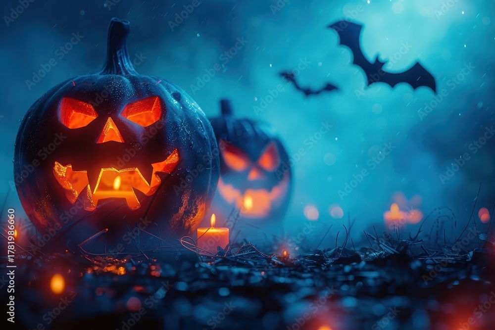 Naklejka premium A spooky Halloween scene with jack-o'-lanterns and bats.