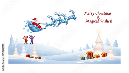 Merry Christmas & Magical Wishes: Santa Claus, gliding in a magical sleigh pulled by reindeer, soars through a snowy winter landscape, bringing holiday joy and festive cheer.