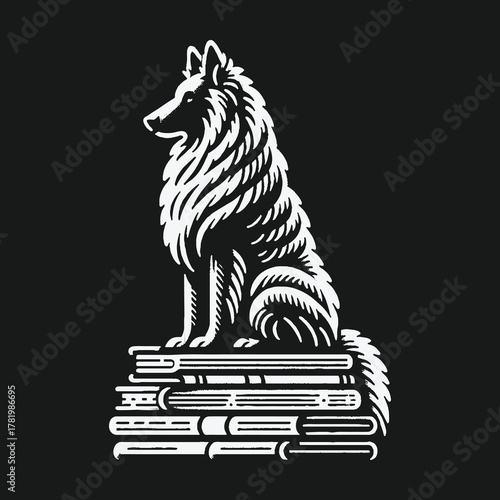 Intelligent long haired dog sitting on a stack of books.