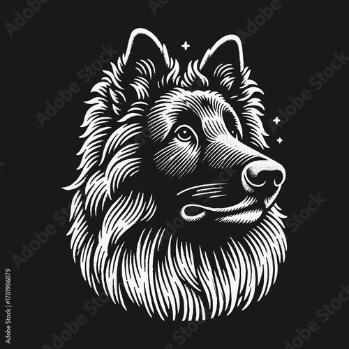 Majestic German Shepherd dog head in a vintage woodcut illustration style.