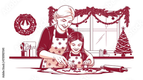 Sweet Traditions: A grandmother and granddaughter bond, joyfully baking festive cookies, surrounded by the warm embrace of holiday cheer. 