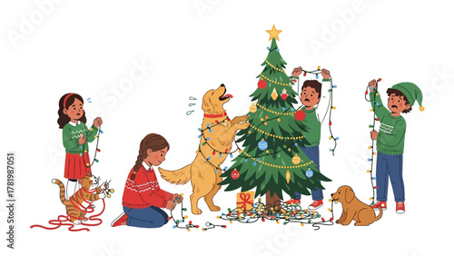 Decorating the Tree: A heartwarming illustration of a family joyfully decorating the Christmas tree, including a cat and a dog joining in the festive tradition.