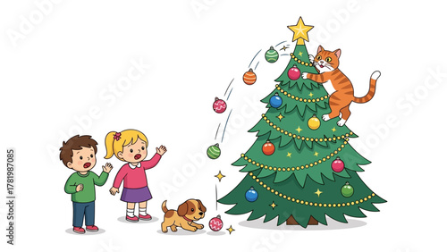 Holiday Mischief: A whimsical scene unfolds as a playful cat mischievously disrupts the decorating process, with kids and puppy amidst a christmas tree.