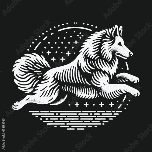 Stylized white dog leaping through a celestial night sky circle.