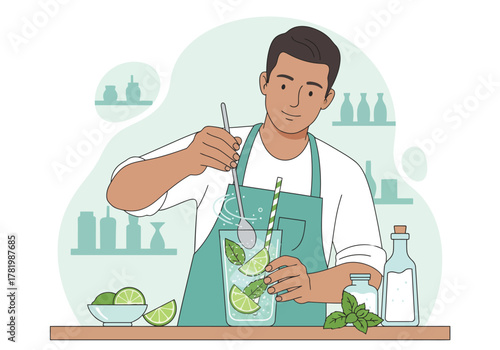 Illustration of a young male bartender in an apron mixing a refreshing mojito cocktail with a spoon.