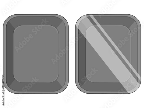 Black empty plastic food tray. Styrofoam food tray illustration. Isolated On White Background.
