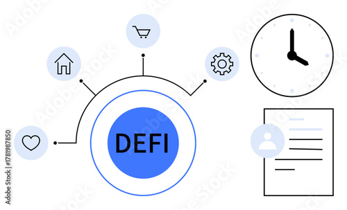 Centralized DeFi hub linked to icons for home, shopping, heart, gear, clock, and document. Ideal for finance, blockchain technology innovation efficiency strategy modern solutions. Simple flat