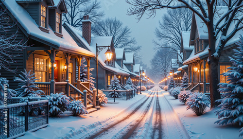 Winter village street covered in snow with glowing lanterns
