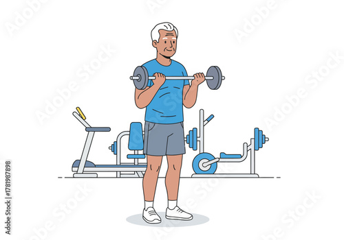 An active senior man with white hair lifts a barbell, performing a bicep curl exercise in a gym with equipment in the background.