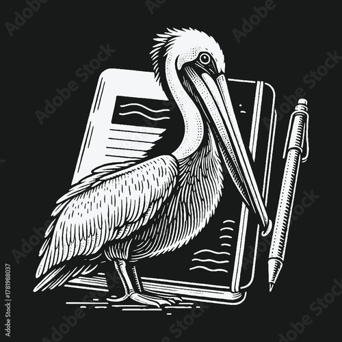 Monochrome pelican bird with notebook and pen linocut illustration.