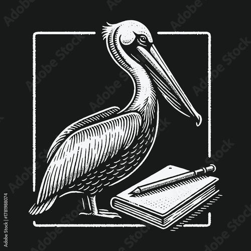Vintage black and white illustration of a pelican with a notebook and pencil.