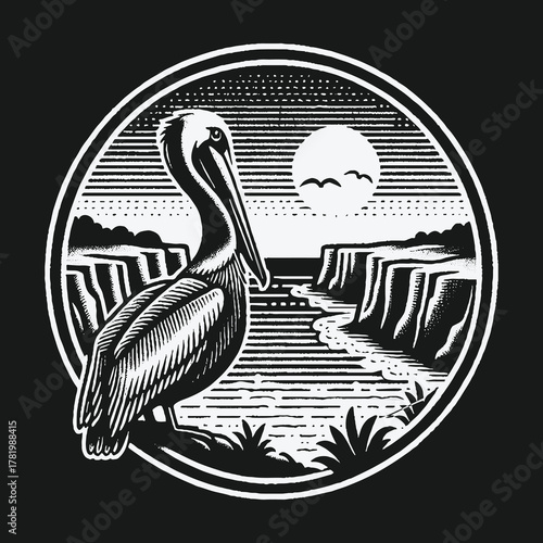 Vintage black and white pelican emblem by a river canyon.