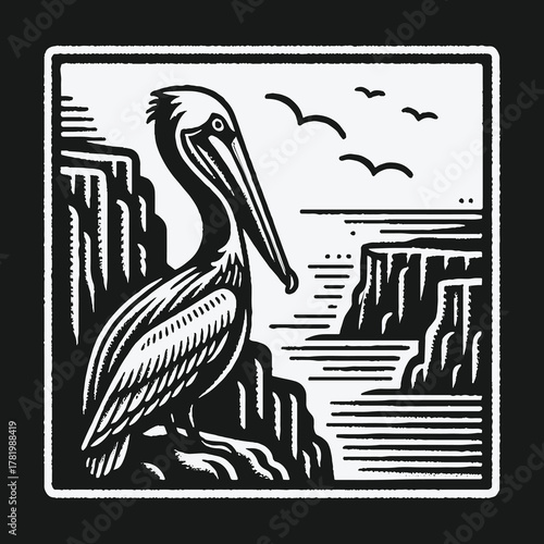 Stylized black and white pelican on a coastal cliff illustration.