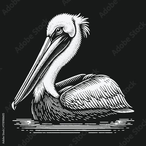 Monochrome pelican bird illustration in a classic engraving style.