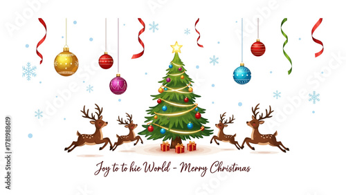 Christmas Festivities: A festive illustration of a decorated Christmas tree with ornaments, ribbons, and reindeer in a snowy setting, invoking the joy and spirit of the holiday season.