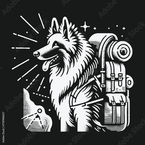 Adventurous husky dog with a hiking backpack illustration.