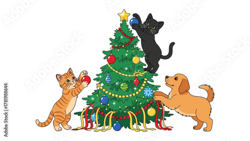 Festive Feline and Canine Decor: A heartwarming scene unfolds as a playful cat and a curious dog join together to adorn a beautifully decorated holiday tree. Filled with joy.