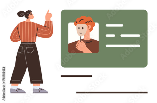 Woman pointing at a green digital ID card displaying a profile photo and text fields. Ideal for identity, verification, online security, personal data, profile creation, documentation, simple flat