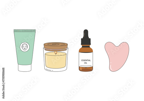 Vector illustration of self-care items including face cream, a scented candle, essential oil, and a gua sha stone.