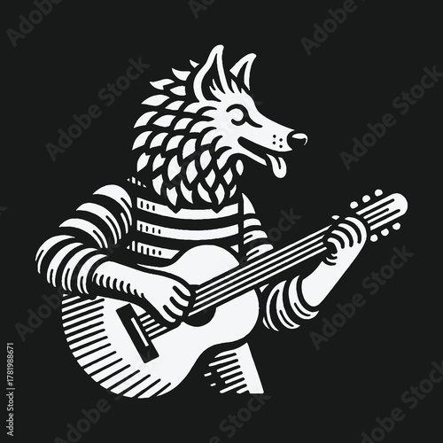 Happy anthropomorphic wolf character in a striped shirt playing an acoustic guitar.