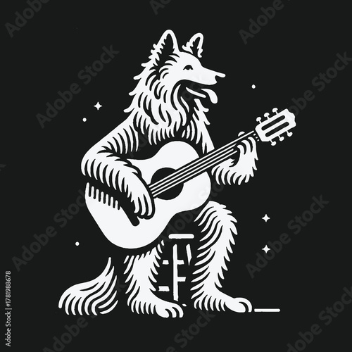 Monochrome illustration of an anthropomorphic wolf playing an acoustic guitar.