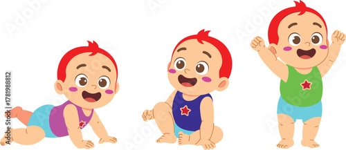 Cute cartoon baby stages illustration, crawling sitting standing, adorable child development concept, cheerful toddler learning to walk, playful infant character design
