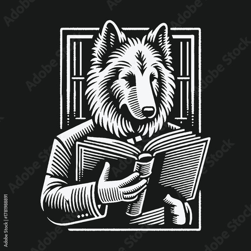 A scholarly anthropomorphic wolf in a suit reading a book.