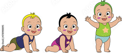 Cute cartoon baby stages illustration, crawling sitting standing, adorable child development concept, cheerful toddler learning to walk, playful infant character design