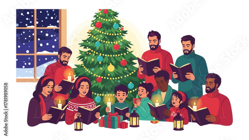 Christmas Carolers in Harmony: Amidst a festive scene, a diverse group of carolers gather around a beautifully adorned Christmas tree, their voices blending in a harmonious celebration of the season.
