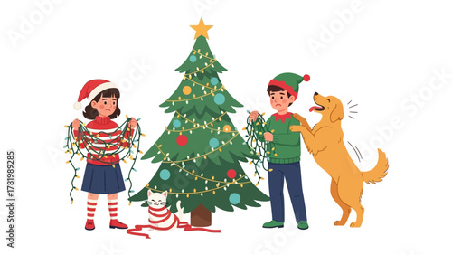 Festive Family and Pets: A heartwarming illustration of a family and pets, wrapped in string lights, eagerly preparing for the holiday, adorned with a Christmas tree and vibrant decorations.