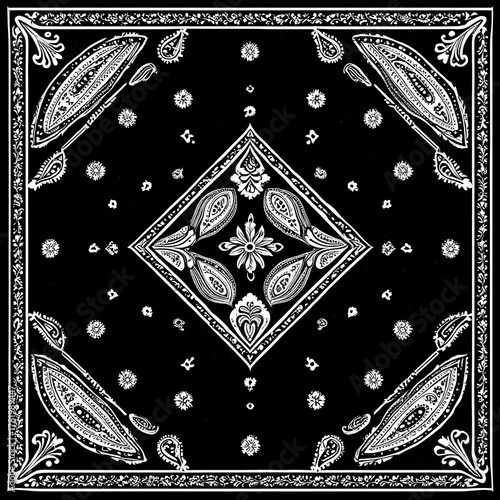 A black background shows an intricate white paisley floral design that creates a stylish effect