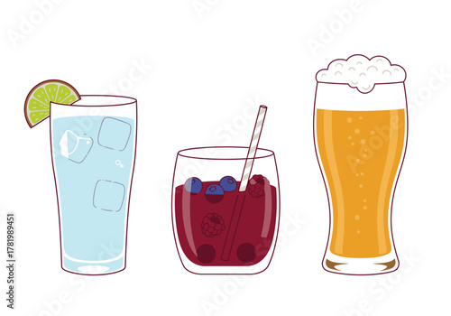 A set of three illustrated beverages: a cocktail with lime, a berry drink with a straw, and a glass of beer.