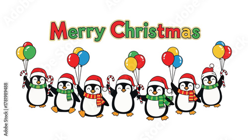 Merry Christmas Penguin Celebration: A festive array of penguins joyfully usher in the holiday season, adorned in cheerful attire, clutching balloons and candy canes.