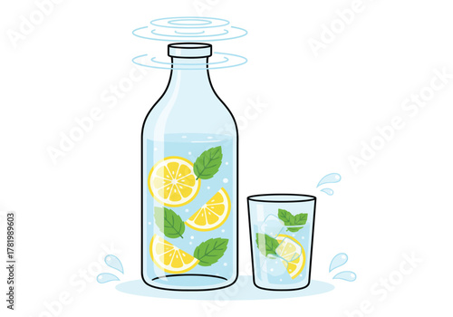 A refreshing glass bottle and cup filled with lemon and mint infused water, isolated on a white background.