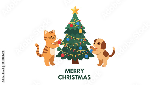 Festive Companions: A charming illustration depicts a cat and a dog collaboratively decorating a Christmas tree, radiating warmth and seasonal cheer.