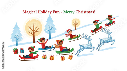 Winter Wonderland: Children's Christmas Adventure on Snow Sleds and Reindeer. Capturing the Christmas spirit and children joyful of sliding on the snow with Reindeer.
