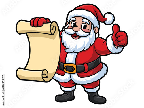 Santa Claus holds a scroll and gives a thumbs up, ready for Christmas.