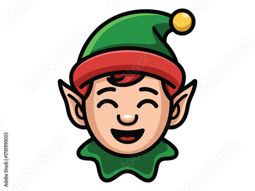 A happy cartoon elf wearing a green hat with a red band and a yellow pom-pom.