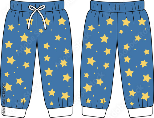 Blue pajama pants, yellow star scattered pattern, white cuffs, drawstring waistband, casual sleepwear, children nightwear fashion, cozy loungewear design