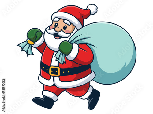Santa Claus is walking with a large bag full of gifts.