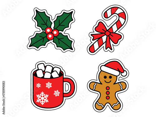 A holiday arrangement of Christmas icons including holly, a candy cane, hot cocoa, and a gingerbread man.